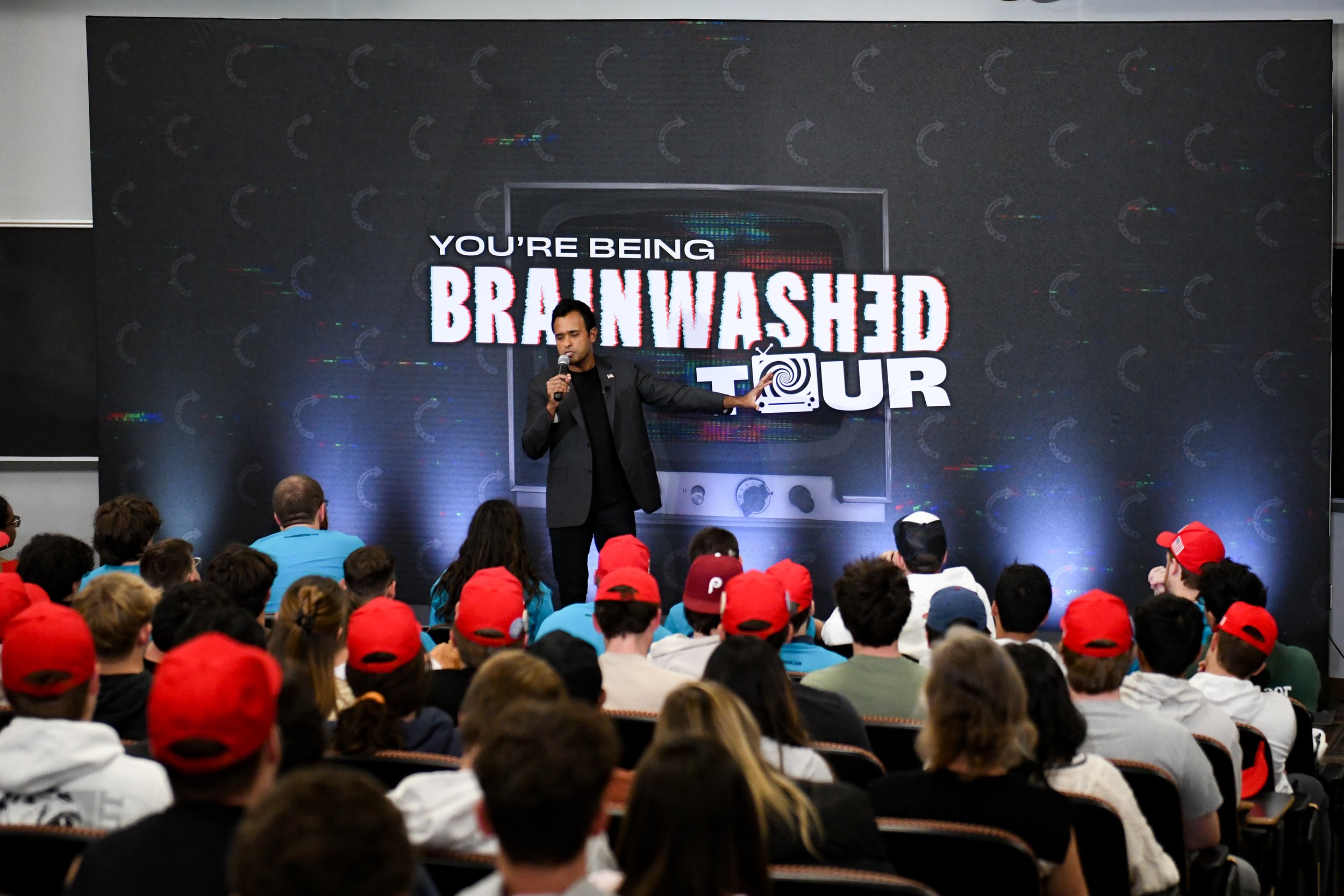 Vivek Ramaswamy speaks to a crowd of Penn State students in the Sparks Building for the "You're Being Brainwashed" tour on Thursday, Oct. 17, 2024, in University Park, Pa.