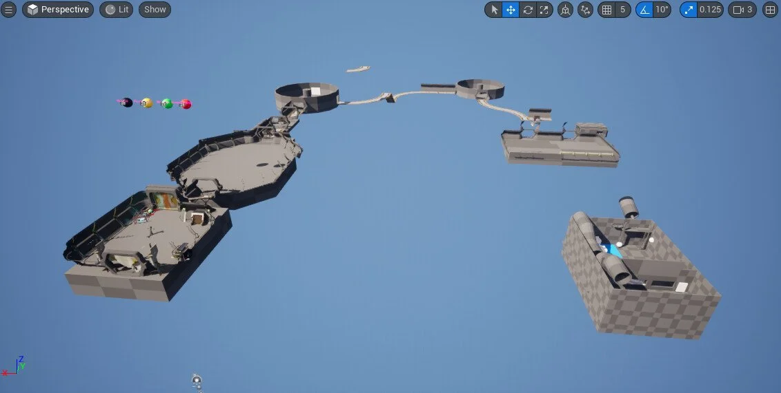 I did a basic "Level 01 blockout" in unreal so that we could start adding the gameplay interactables and playtest level progression. I must say though, a lot of our time was spent arguing about puzzles instead of actually programming anything. During