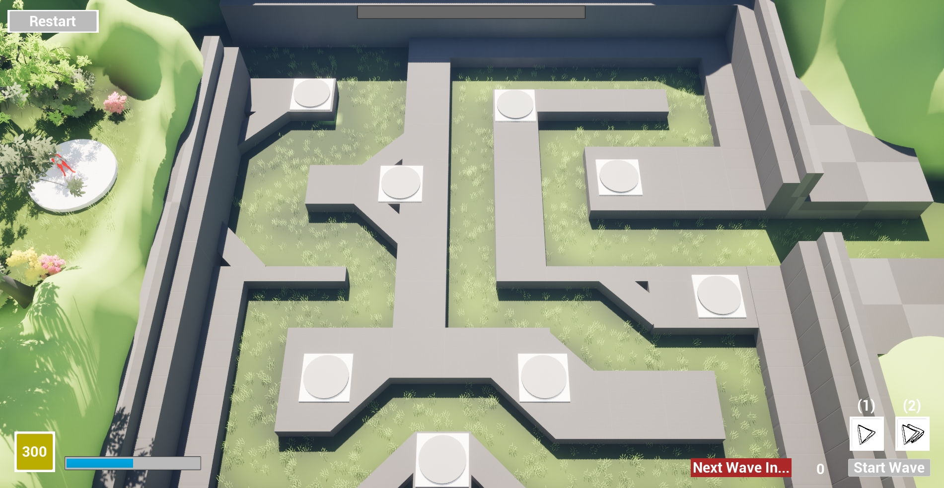 Here's the game UI with the player gold, wave start controls, and some game speed controls.