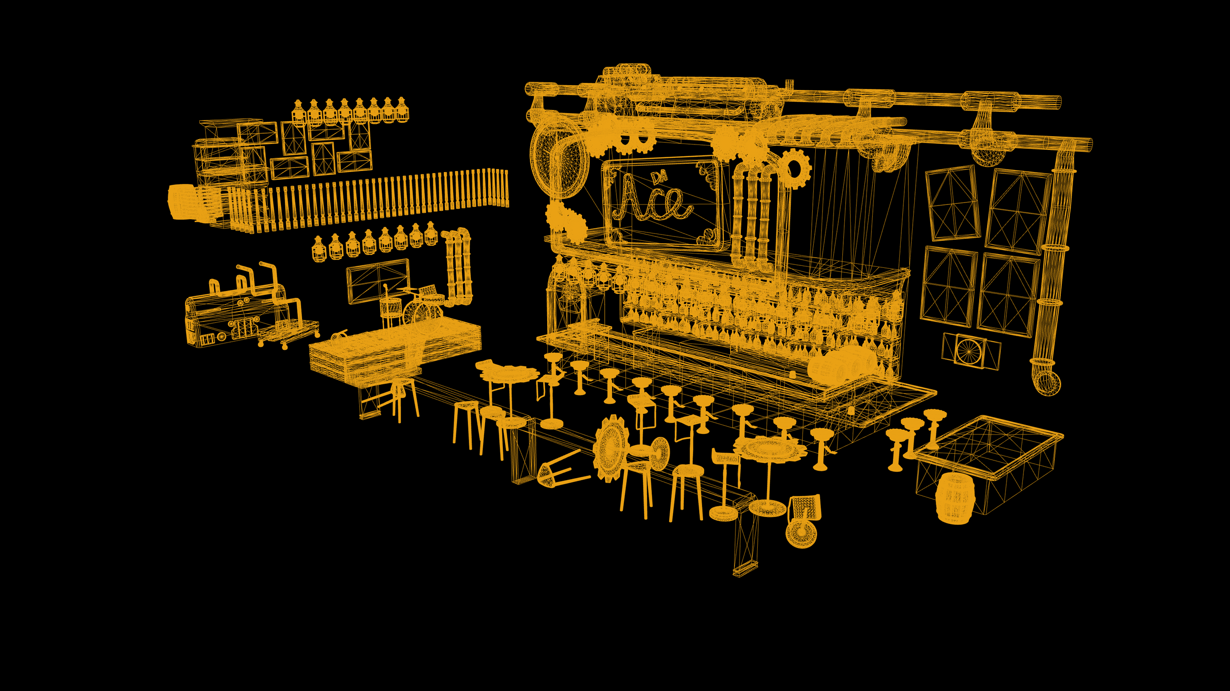 Wireframe of props. Earlier I mentioned a hi level toplogy but you could probably tell from the pipes and the signage that I ended up creating mostly average level poly count props. I'm used to game ready asset topology so that's what I usually defau