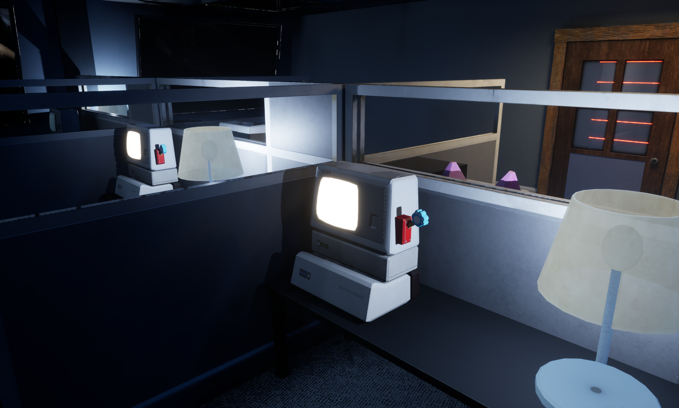 In the second chamber there is a terminal puzzle with switches. There was supposed to be a narrative bit here explaining that the other computers were sucking up too much power, but it ultimately got left out.