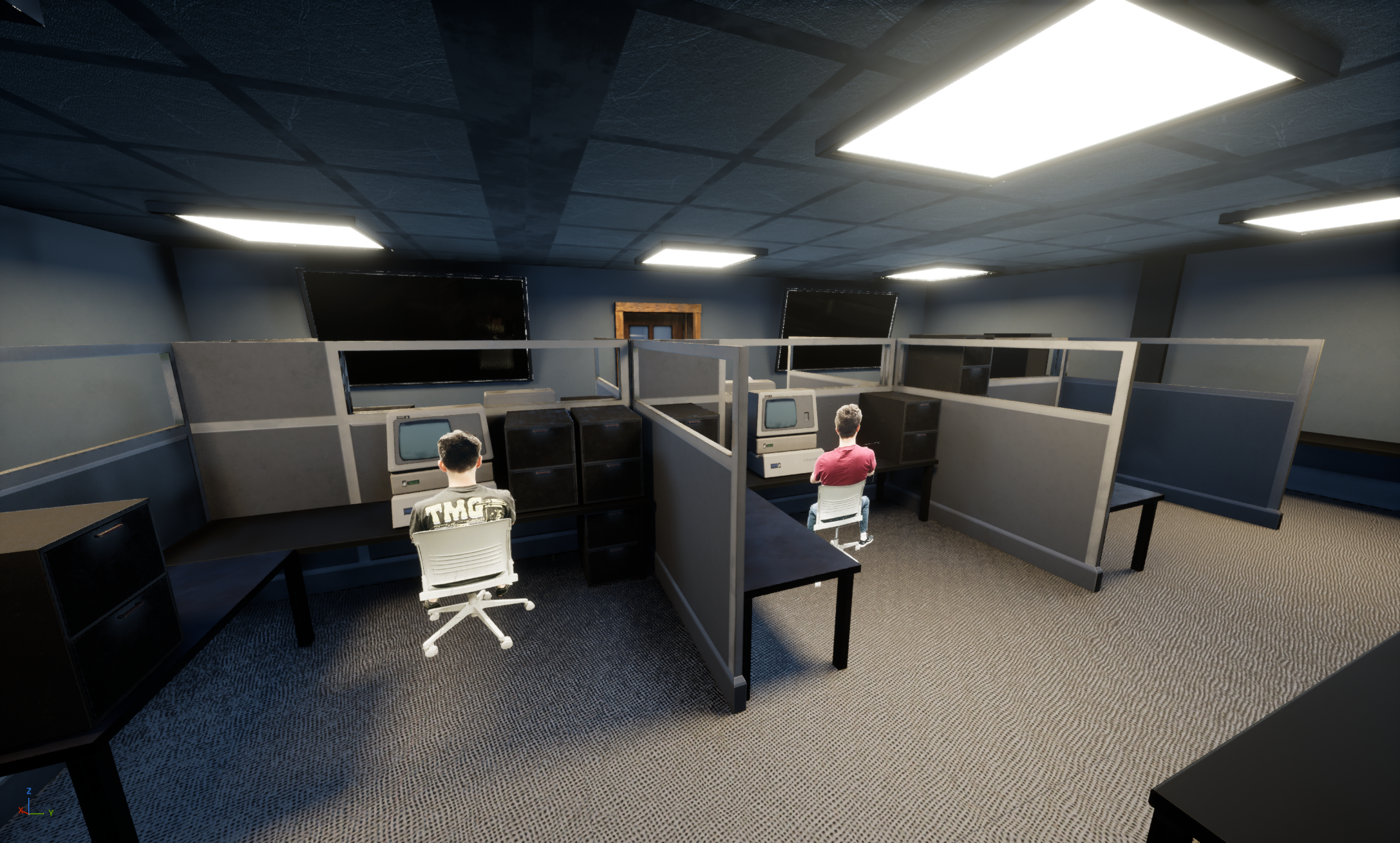 I really tried to add just a bunch of funny shit to the game. Of course, I had this talking cat who harrasses the player as they progress, but then these cutouts of my classmates as office employees throughout the level.