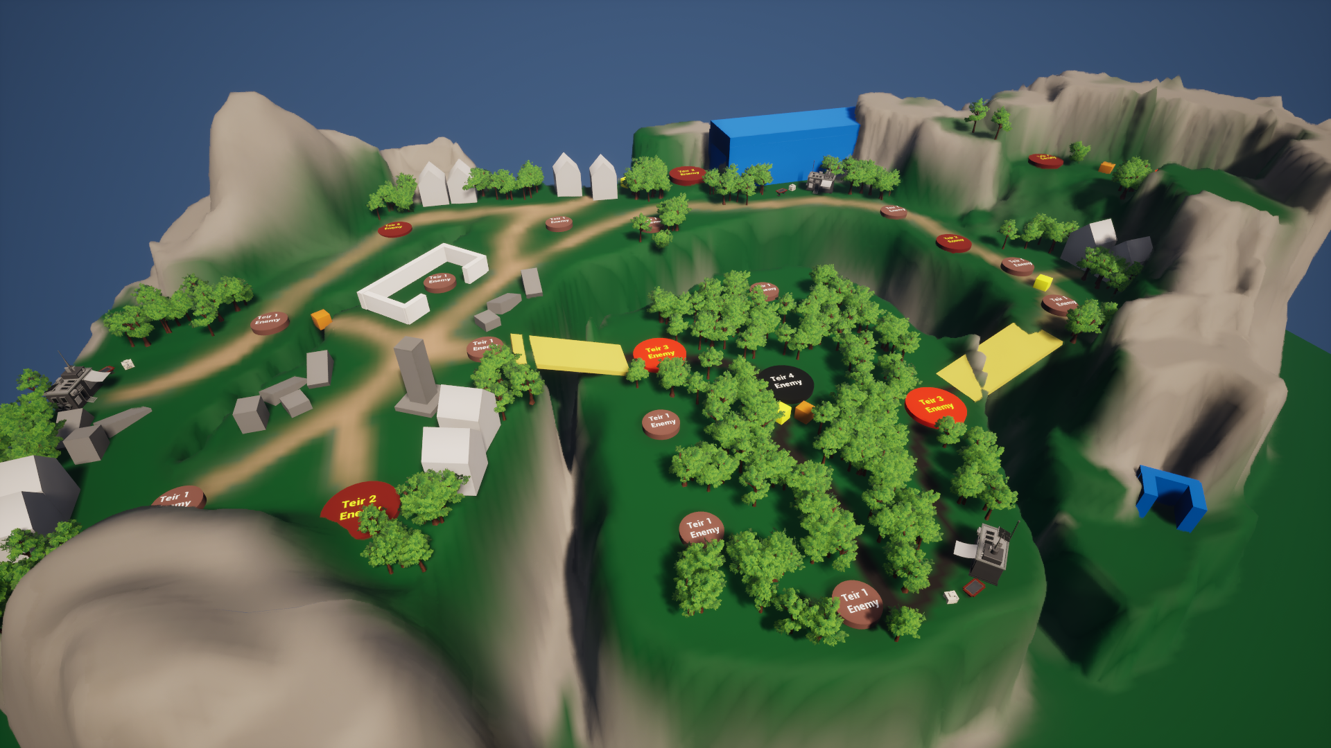 I blocked out the level-1 environment using the landscape tool and quickly added a few key props. The rest of the team took this area and added objectives based on the level design teams plans.