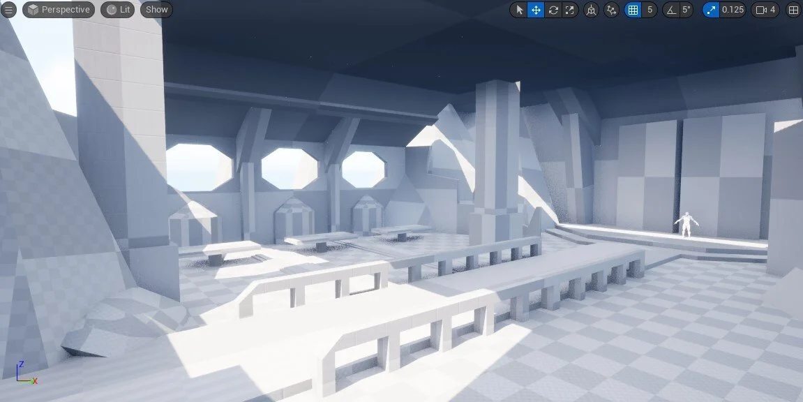 The project concept artist Lia didn't quite understand the space or the art direction of the game. To help her I blocked out a space and sat with her while she painted to get a better understanding of our art direction. 