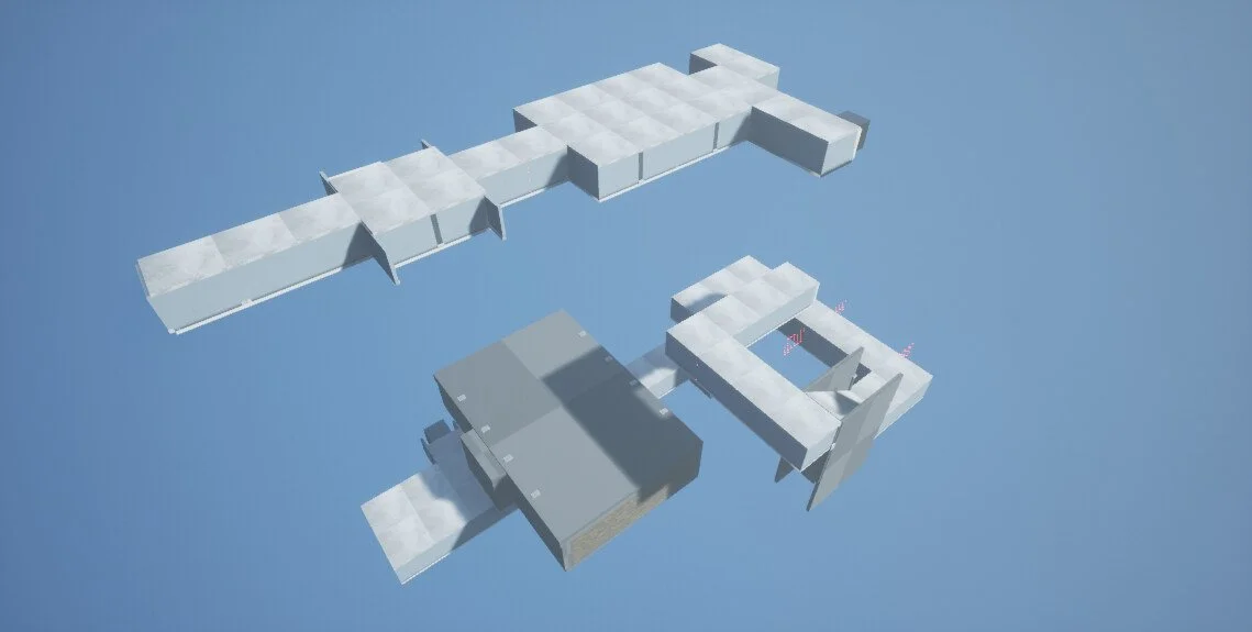 Here's a top-down view of the level in its entirety. The two areas area separated here in the render view but are connected by an elevator, and yes, the elevator plays elevator music.