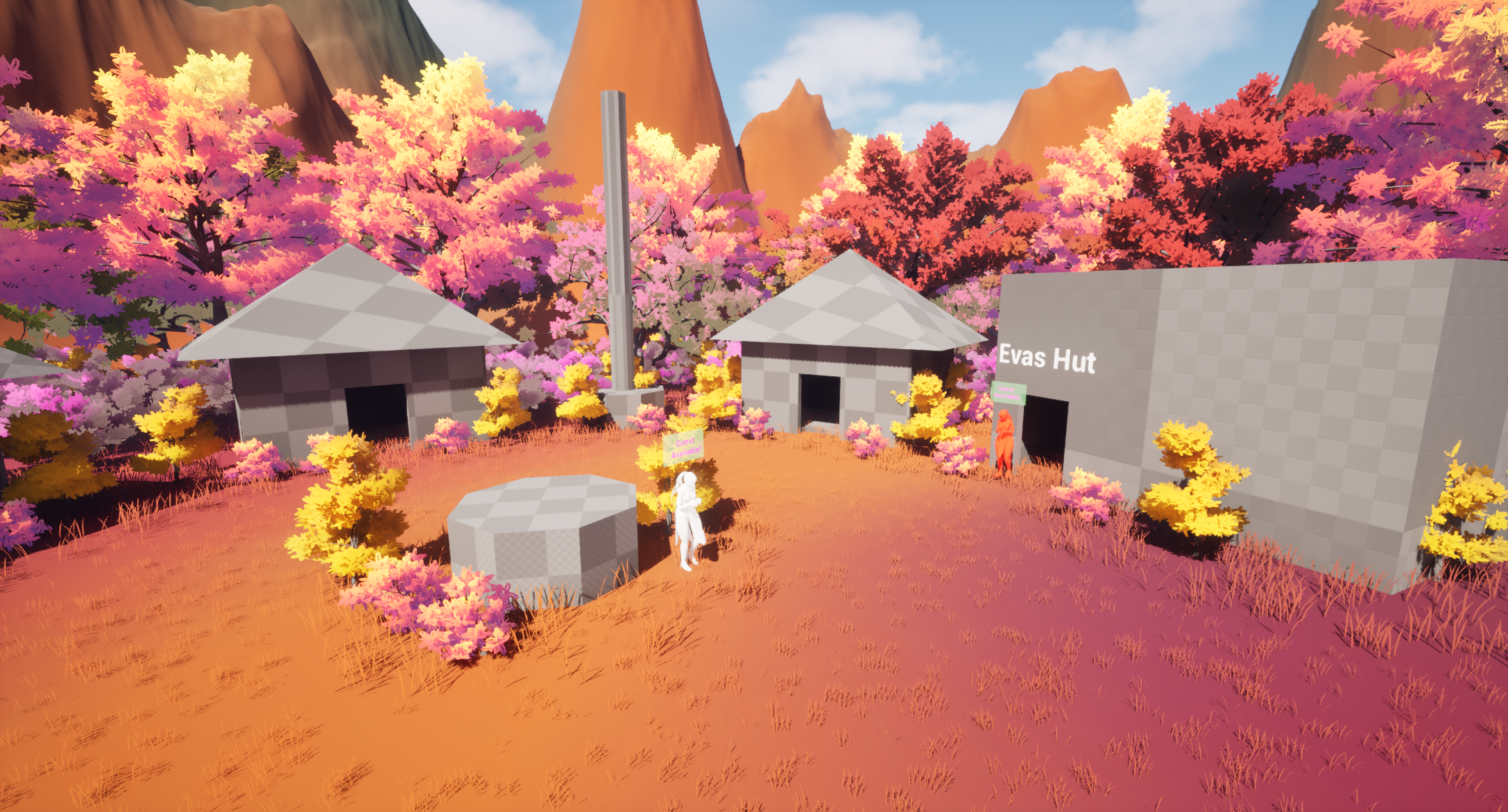 You can see some of the huts here. Each of these buildings serves a specific purpose but for the demo the player can only access the tower selector.