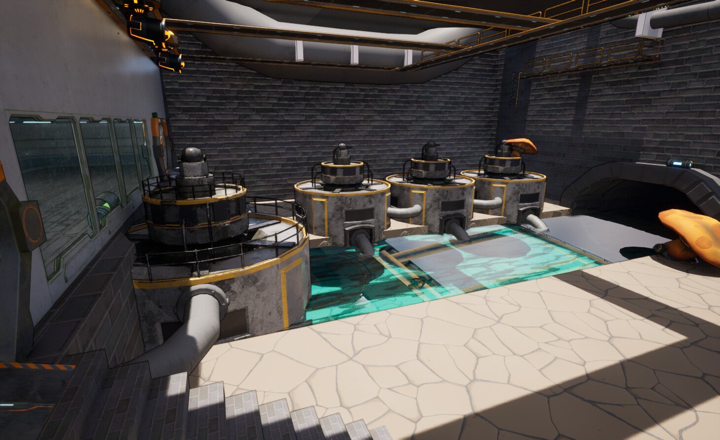 After our tutorial area was finished I tried to set up the secondary chamber but ran out of time. It was going to be a water mill generation area where the player had to run around on rafters and charge up the entire facility.