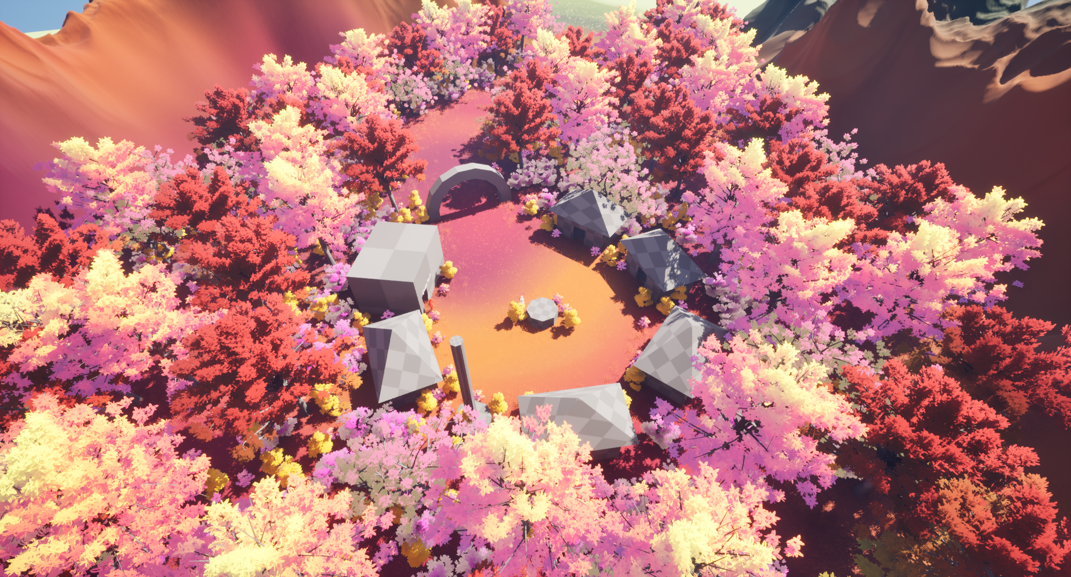 The central hub area is this like, colorful little spot in the woods. It's supposed to be a secret camp in the mountains which you upgrade over the course of the campaign.