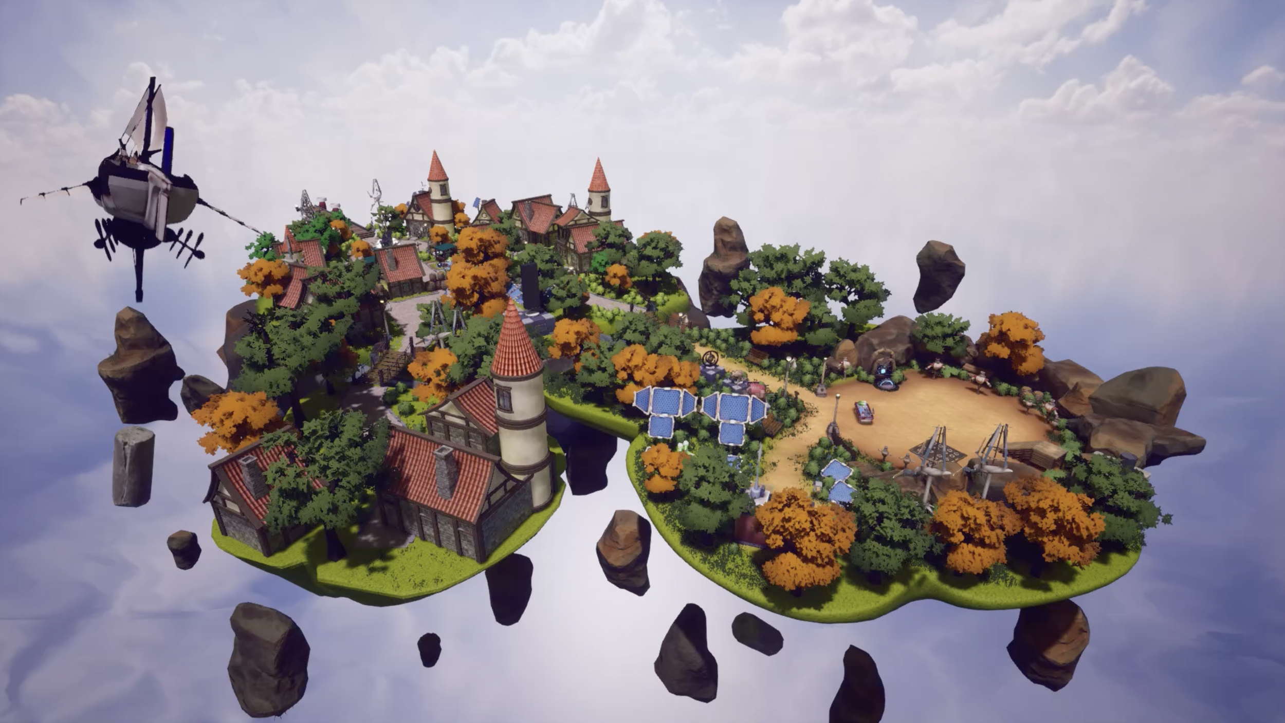 Boundless Skies central hub area. The game is a roguelike sort of village unlock progression game. From what I understood the player starts on an island and as they travel to new islands, they unlock new gear, new merchants, etc.