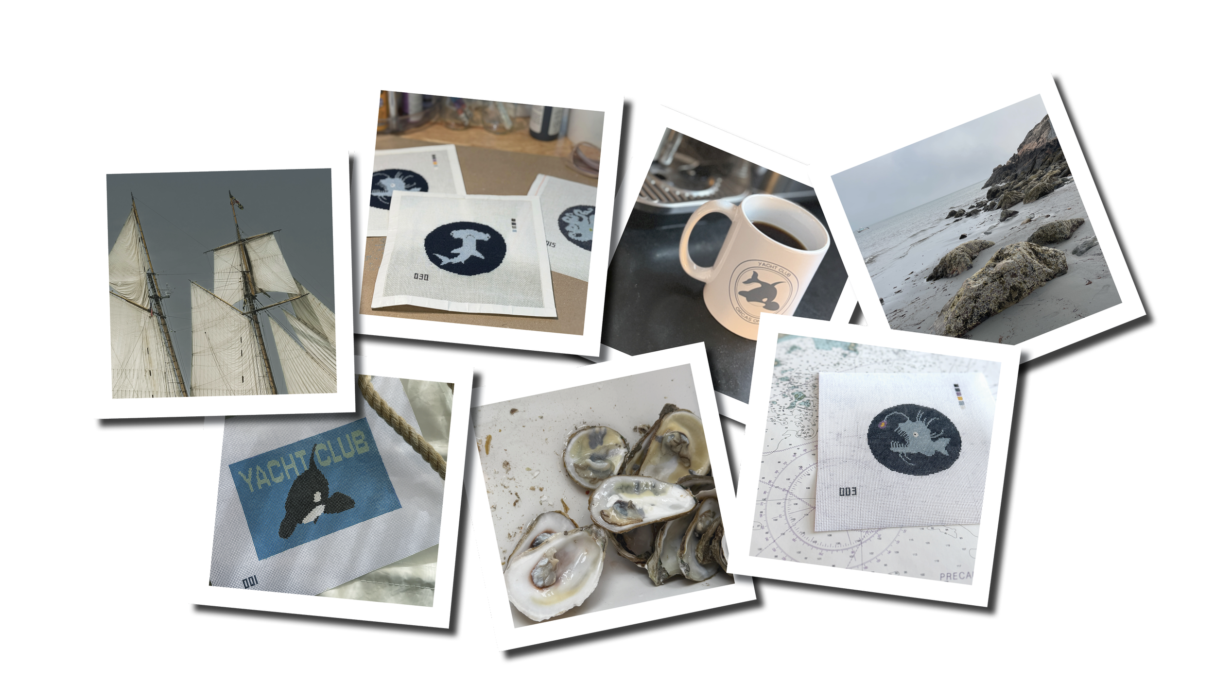 Collage of nautical-themed images, including a ship with sails, painted needlepoint canvases, a coffee mug, a rocky beach, a yacht club design, and oyster shells.