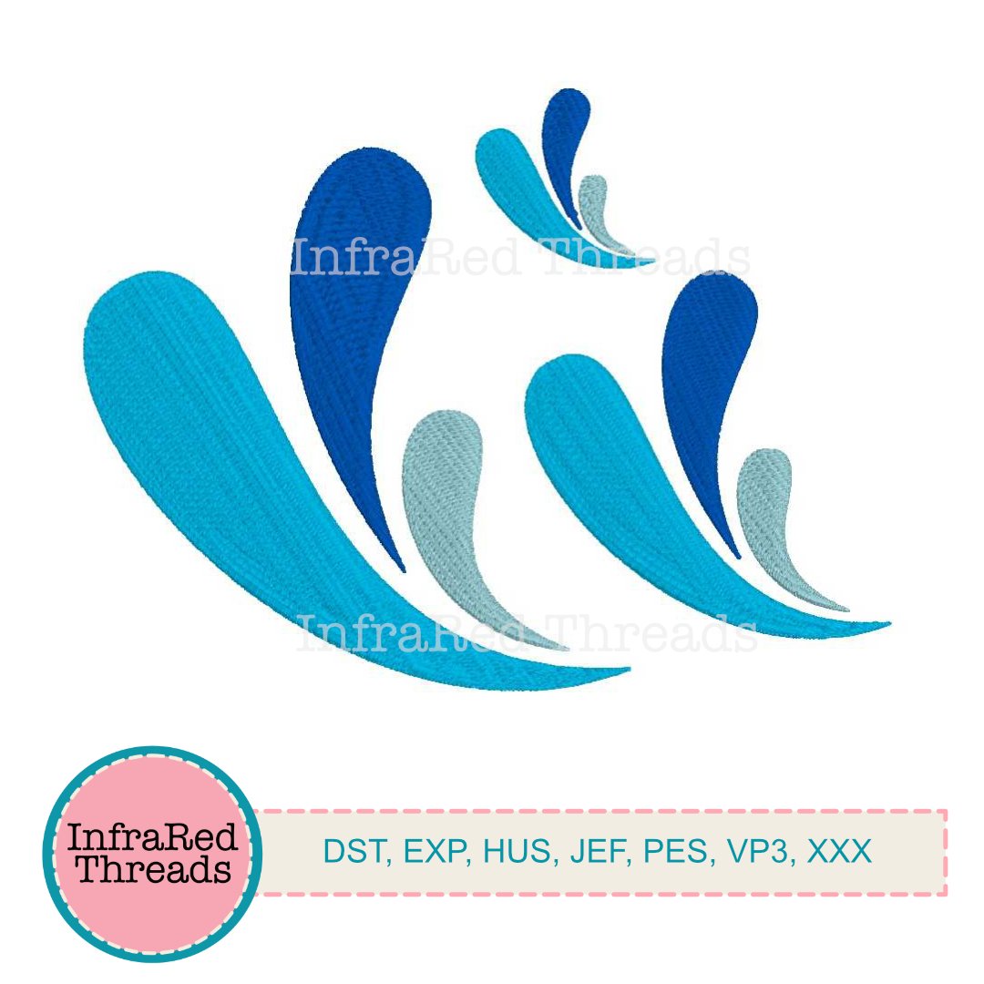 Three sizes of wave splash embroidery motifs in blue tones, featuring teardrop shapes