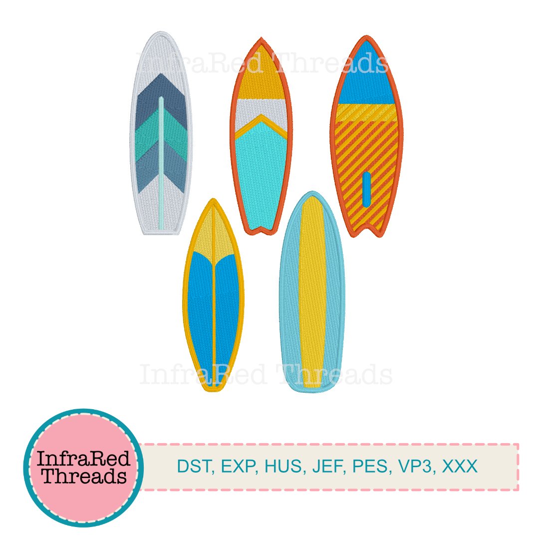 Surfboards Embroidery Design – Set of 5 Coastal Boards in Bright Colors (Set 2)