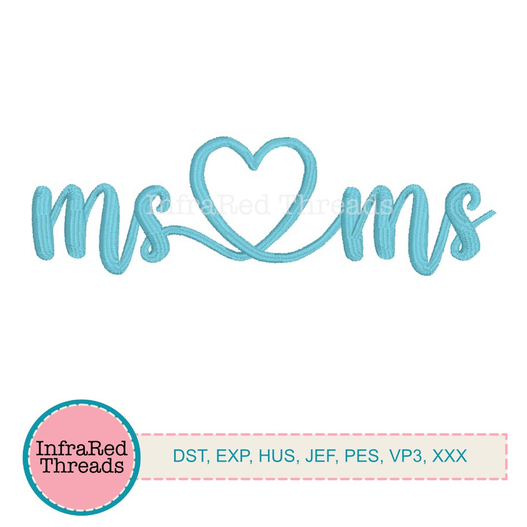 Blue embroidery text reading “ms ♥ ms” in a connected heart script