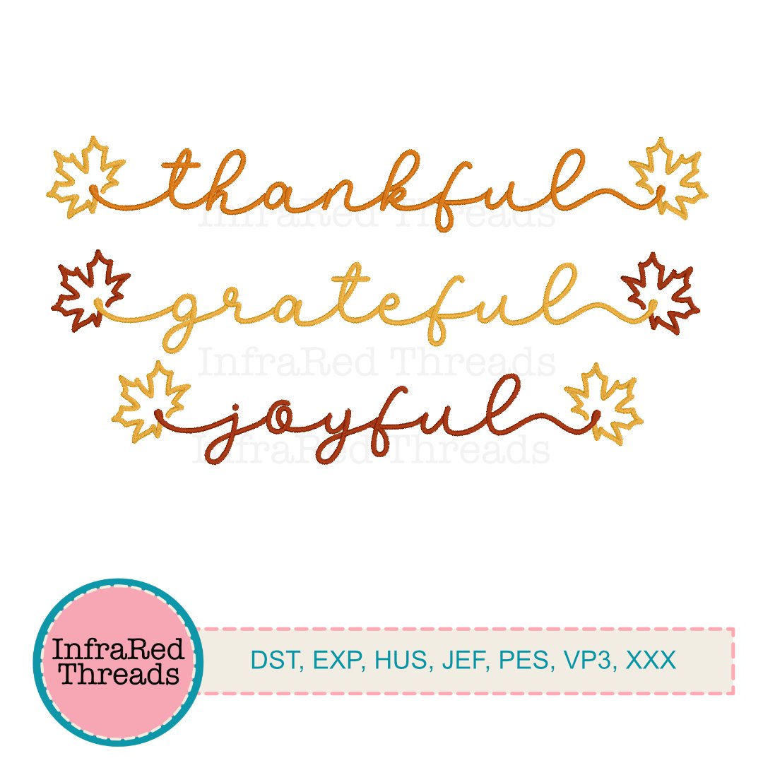 Thankful Grateful Joyful Embroidery Designs – Fall Script Words with Leaves