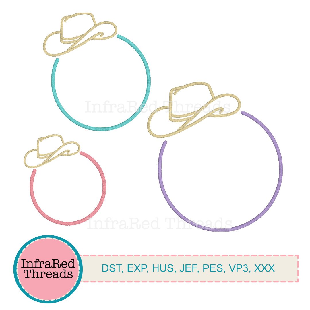 Cowboy hat outline monogram frame embroidery design in three sizes