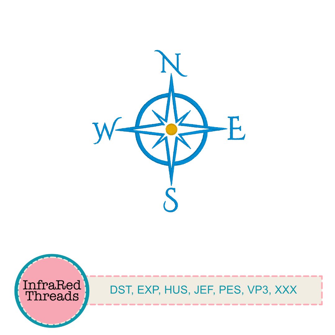 Modern compass rose embroidery design with nautical style