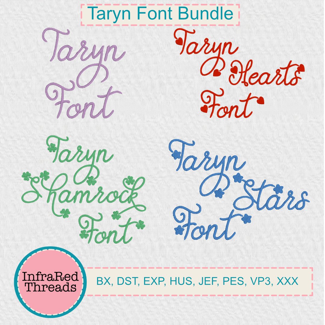 Taryn embroidery font bundle with shamrocks, hearts, stars, and basic styles