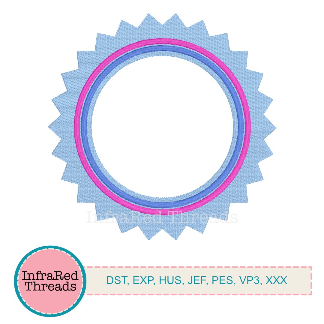 Circular embroidery design with pointed sunburst border and layered pink and blue rings