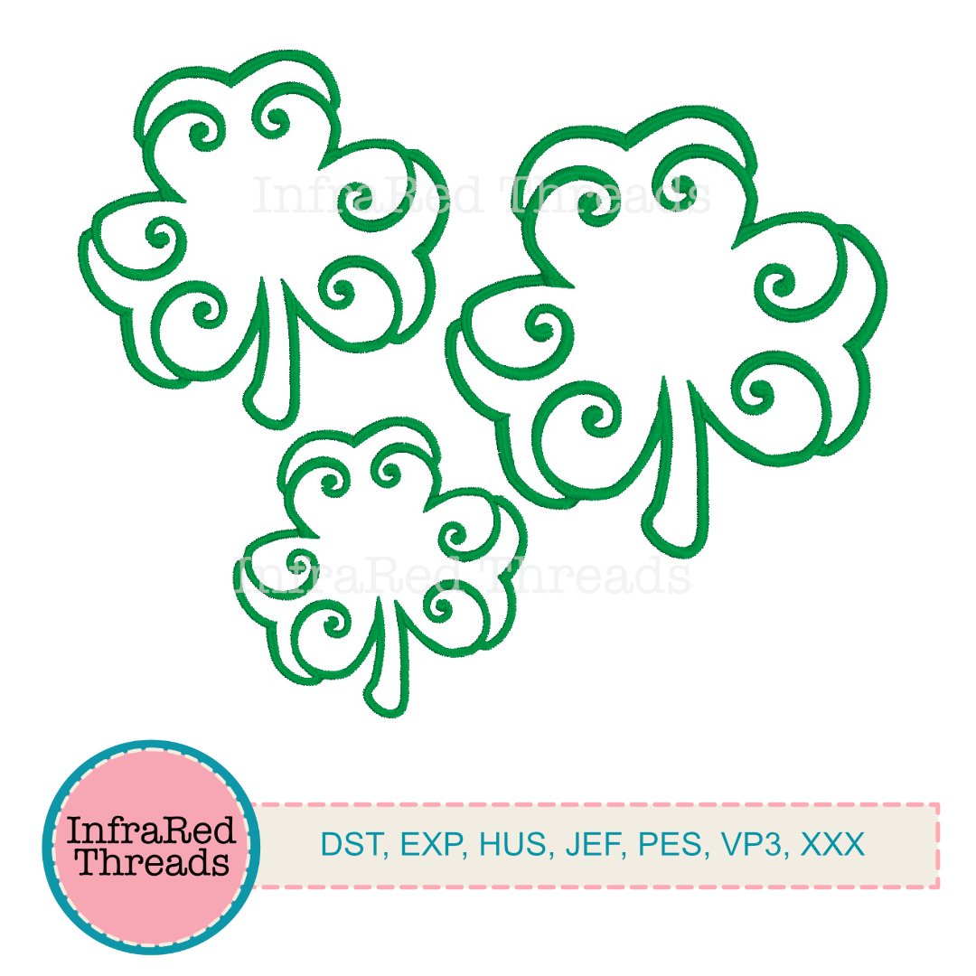 Ornate Clover Outline Embroidery Design – Swirled Shamrock in Three Sizes