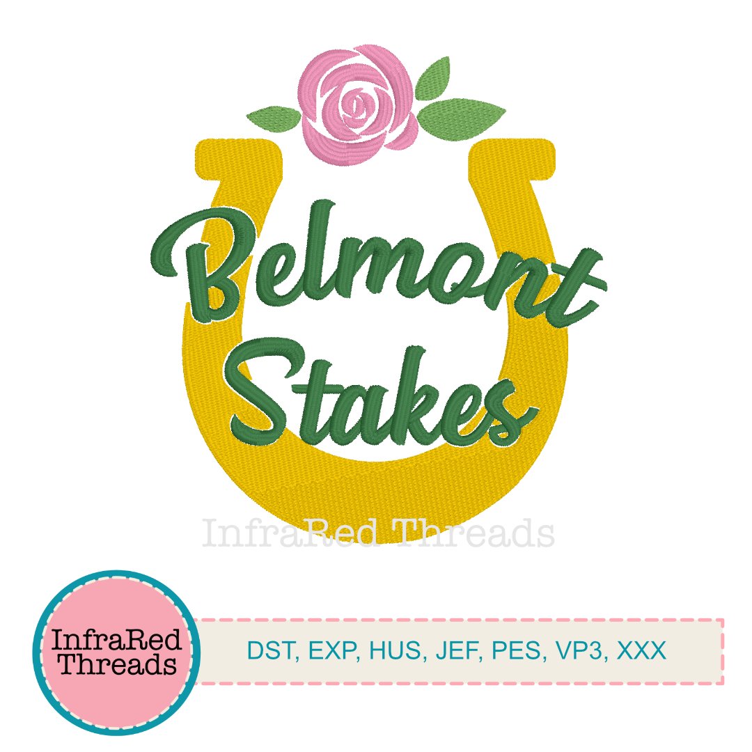 Belmont Stakes embroidery design with bold text inside a horseshoe, sized 4x4.5 inches, ideal for horse racing fans and Triple Crown projects.