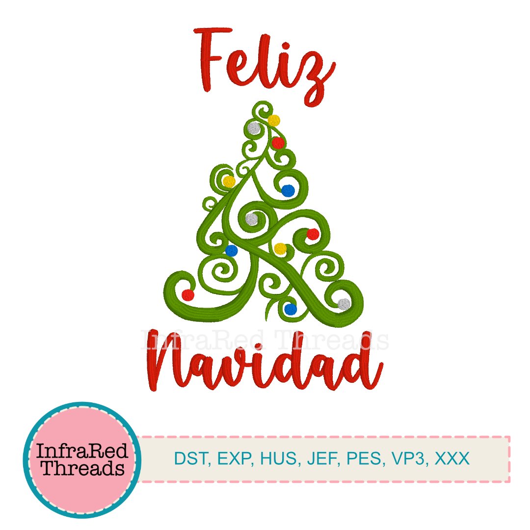 Feliz Navidad swirly Christmas tree embroidery design, 3.6x5.6 size
