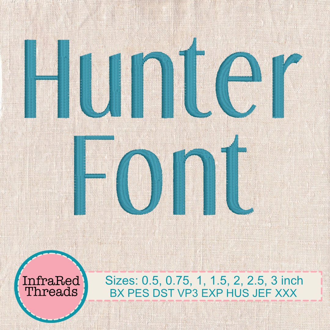 Hunter Embroidery Font – Clean Sans Serif Alphabet in 7 Sizes + BX Format