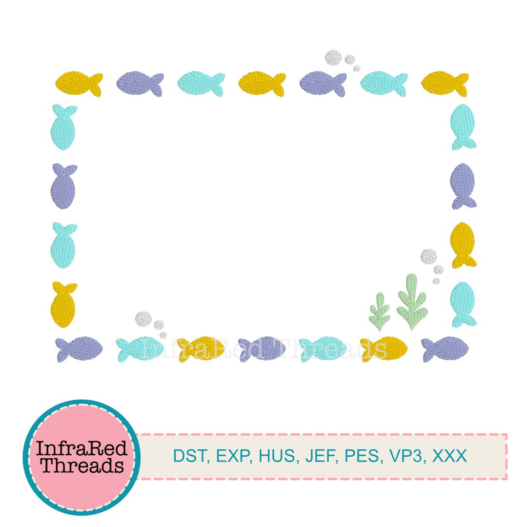 Rectangular embroidery frame made of colorful fish with bubbles and seaweed accents