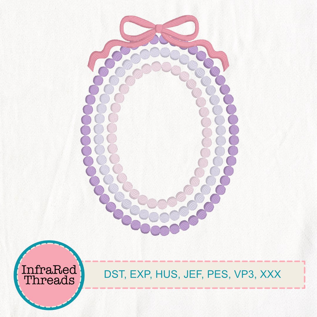 Oval Pearls and Bow Frame Embroidery Design – Monogram Border for Girls