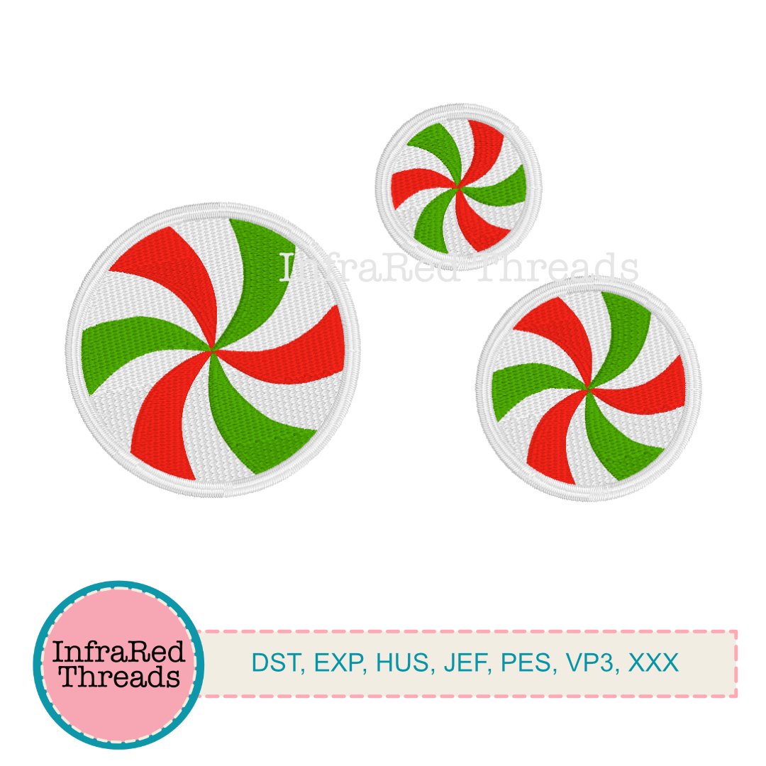 Swirly peppermint candy embroidery designs in three sizes