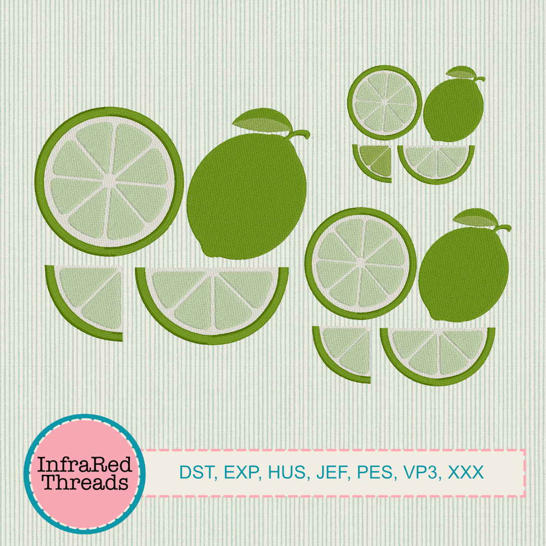 Lime embroidery designs in whole, half, and quarter slices with green rind and citrus detail