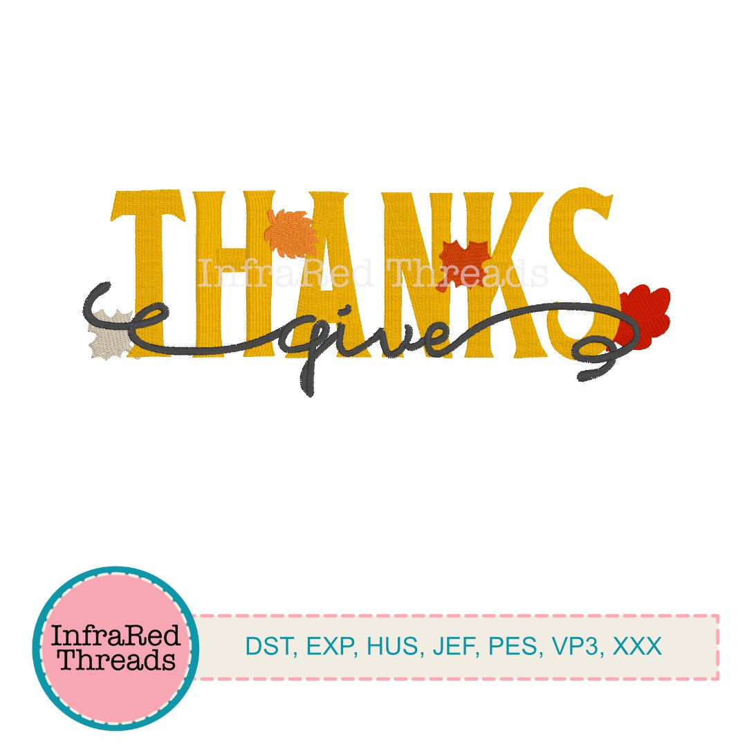 Thanksgiving embroidery design with the word Thanks and autumn leaves