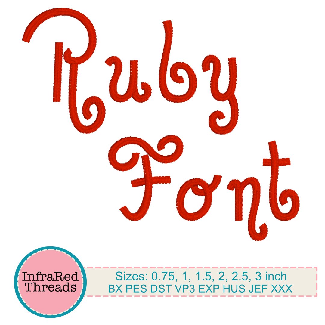 Curvy quirky Ruby embroidery font displayed in multiple sizes