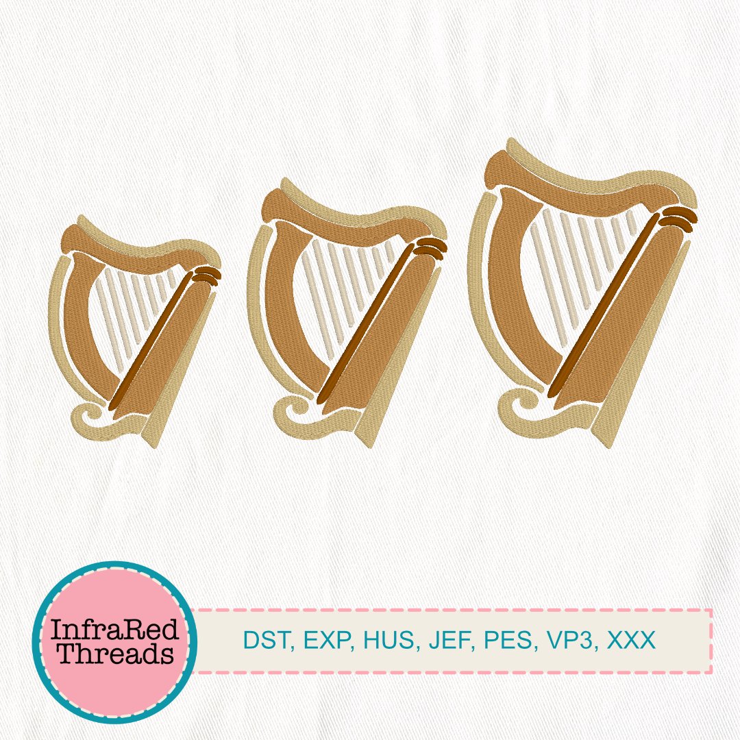 Celtic harp embroidery design in three traditional sizes