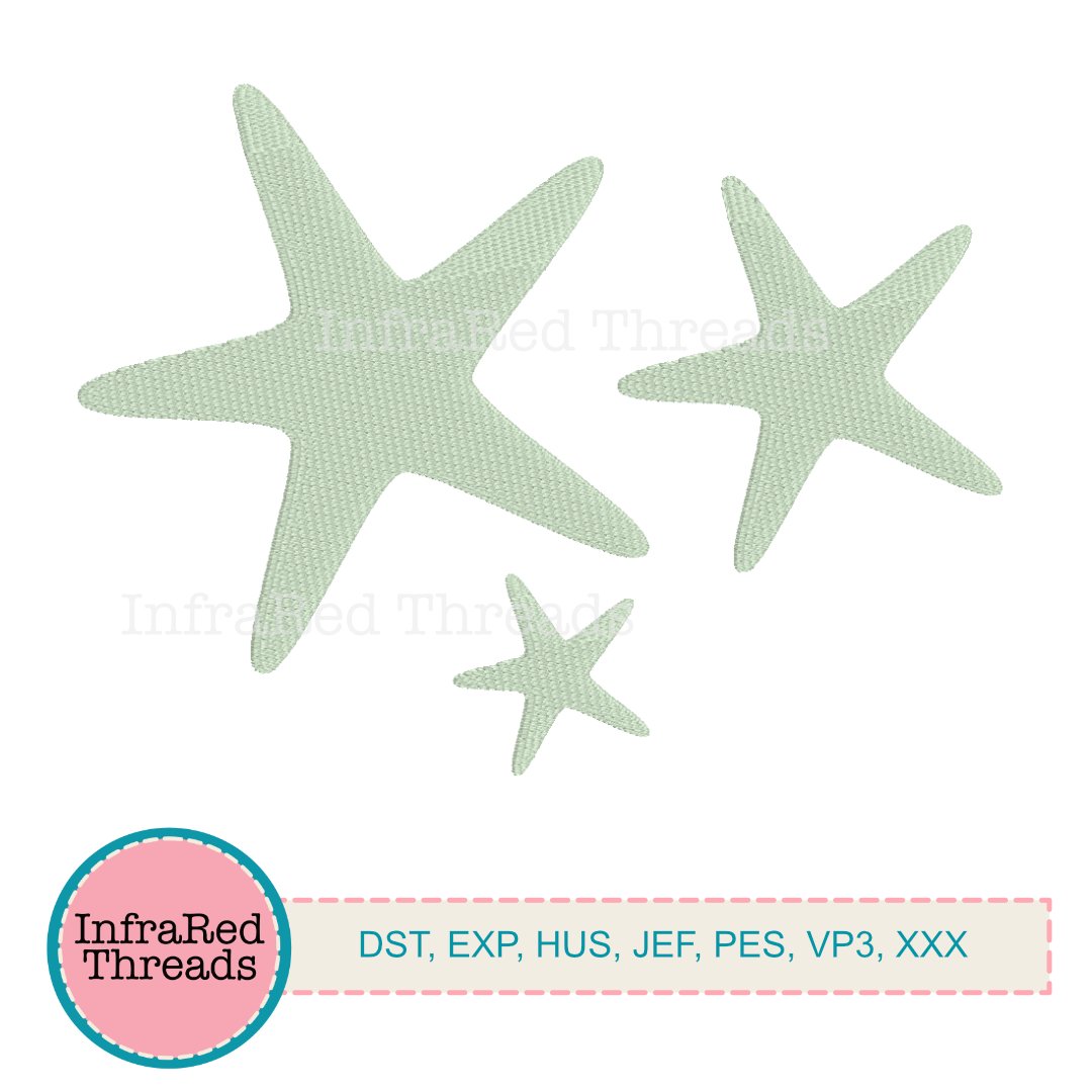 Starfish Embroidery Design – Style D Set of 3 Coastal Starfish in Simple Stitch Fill