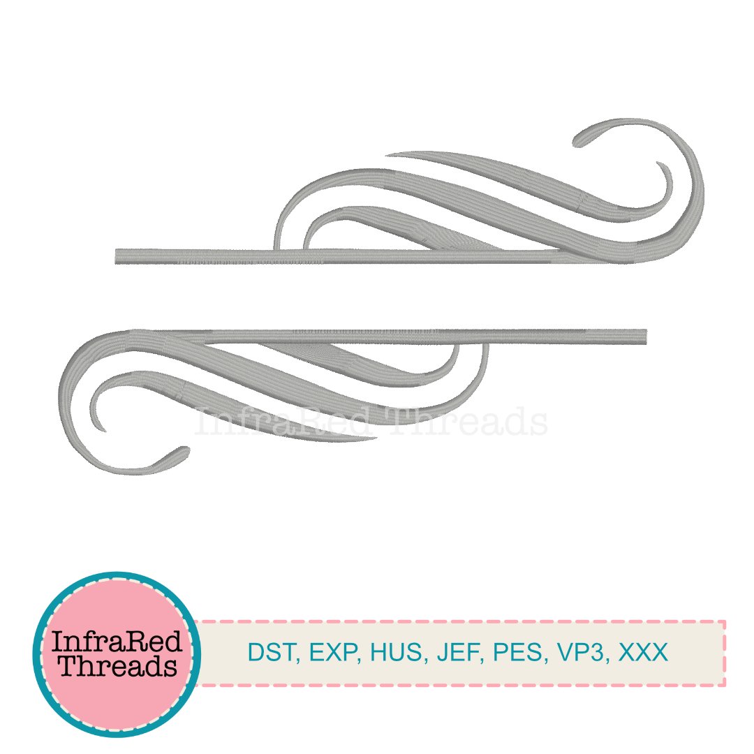 Horizontal embroidery name frame with elegant swirl accents and split center