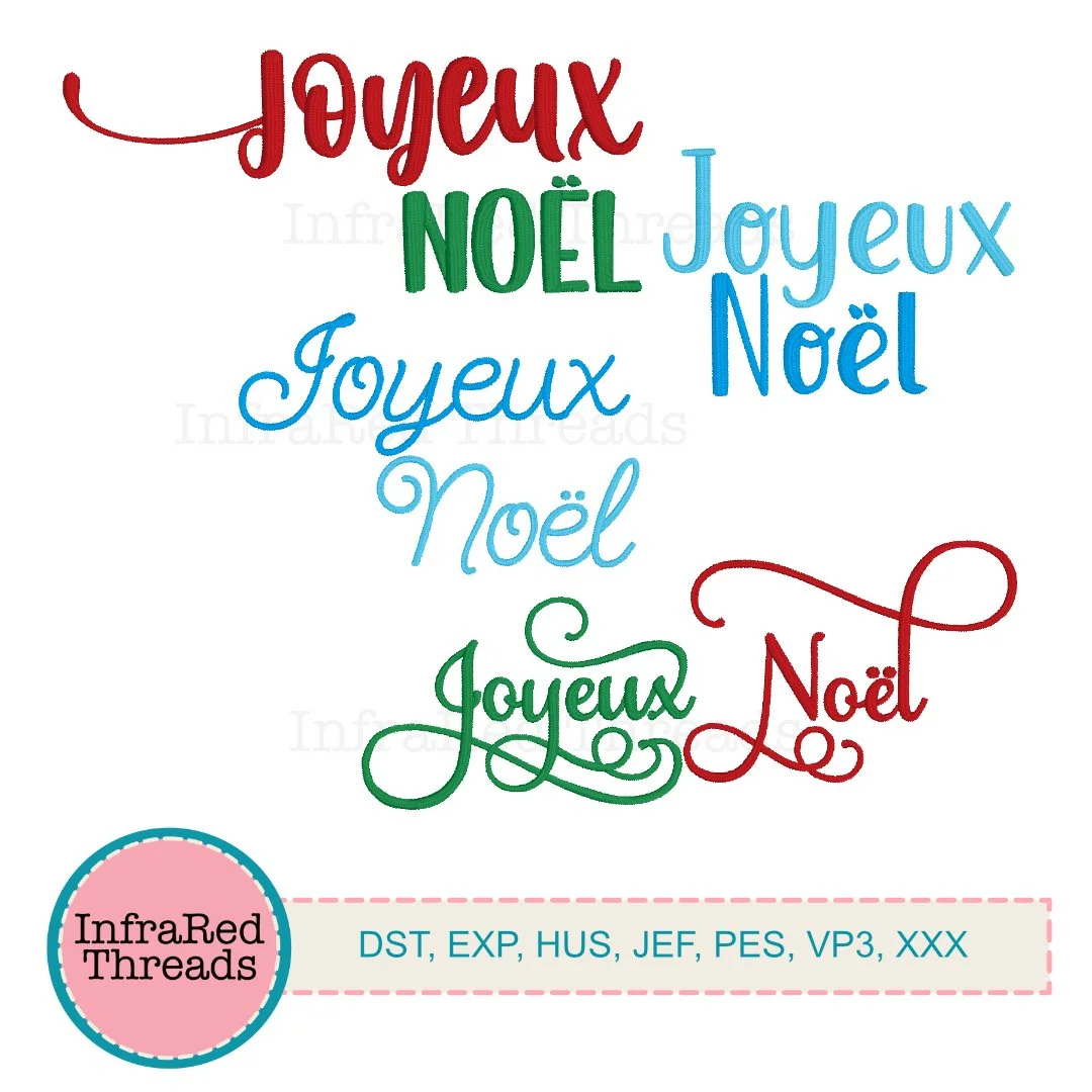 Joyeux Noël embroidery designs in assorted font styles and sizes