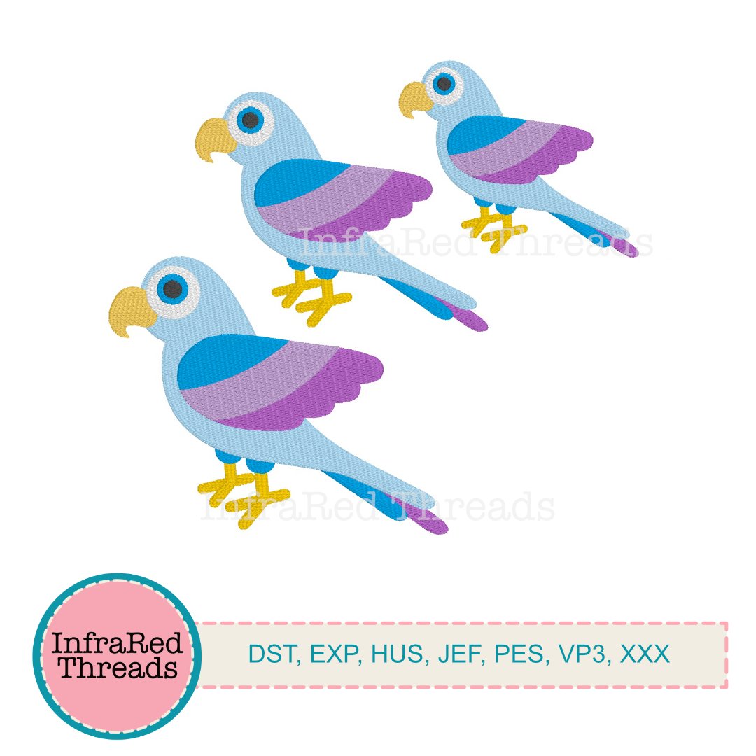 Colorful Blue Parrots Embroidery Design