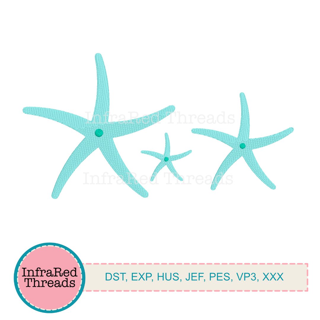 Three aqua blue embroidered starfish with curved arms and stitched center in three sizes