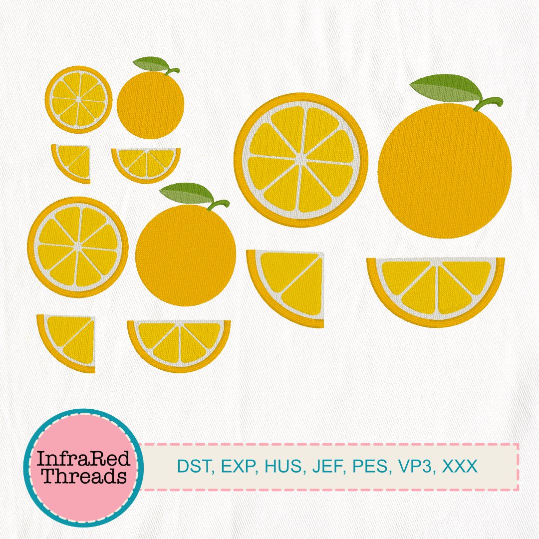 Orange embroidery designs in whole fruit and slice views with stitched rind and citrus segments