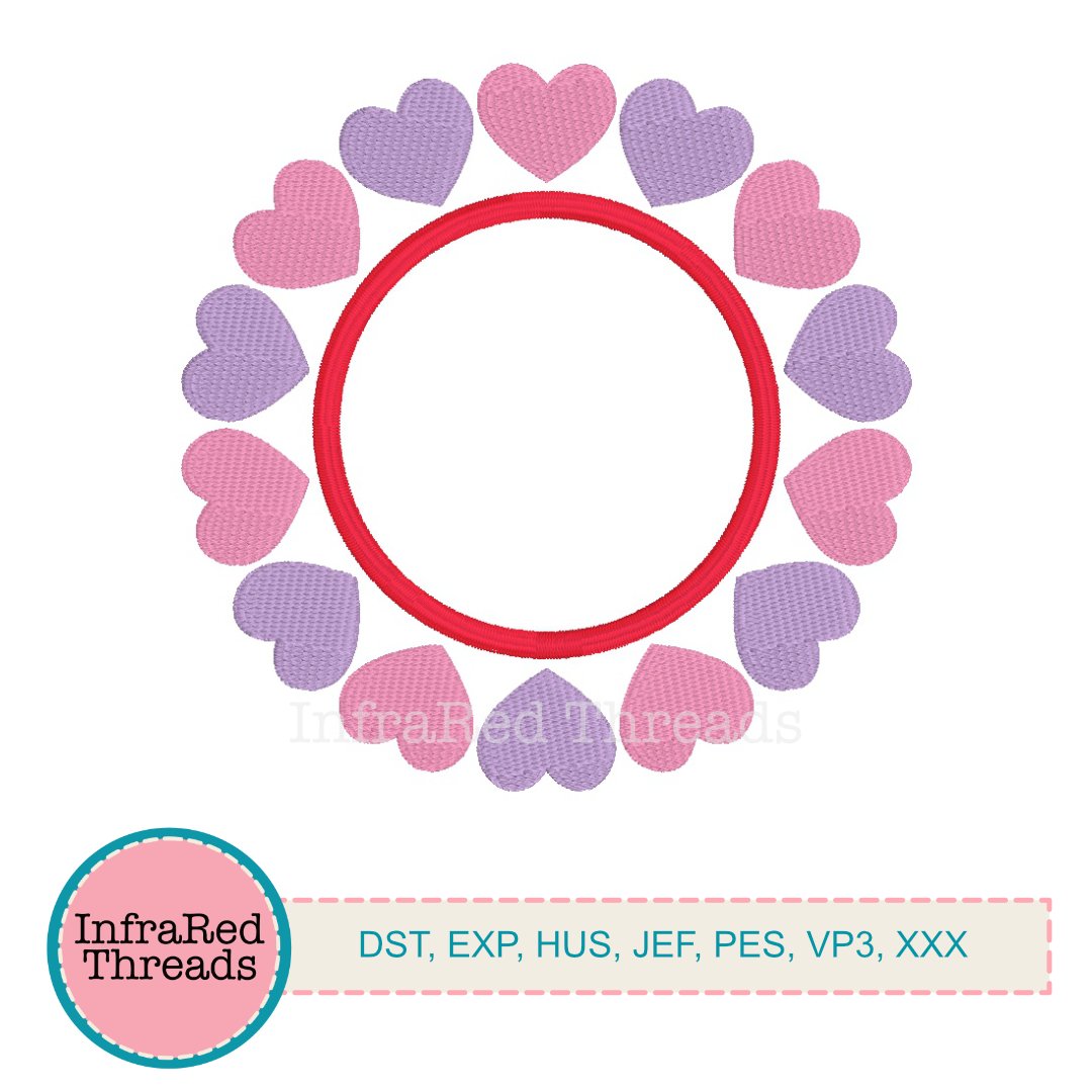 Embroidery frame made of alternating pink and purple hearts in a circular shape
