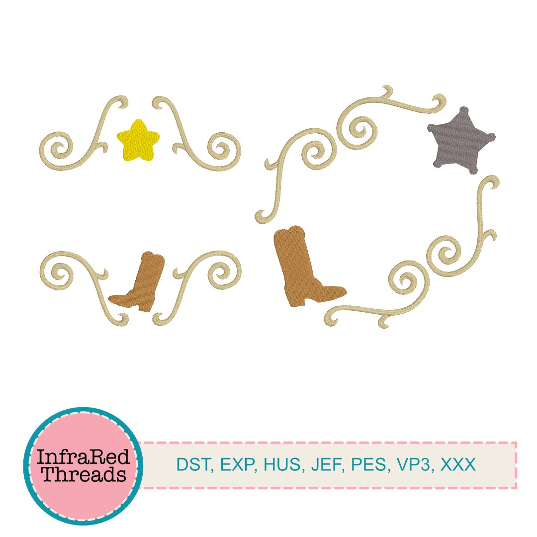 Western Scroll Frame Set – Cowboy Boot & Star Embroidery Designs (2 Styles)