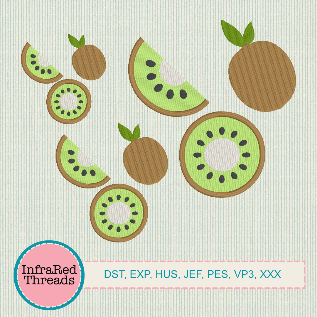 Embroidered kiwi fruit designs in whole, half, and quarter slices with green interiors and brown skin