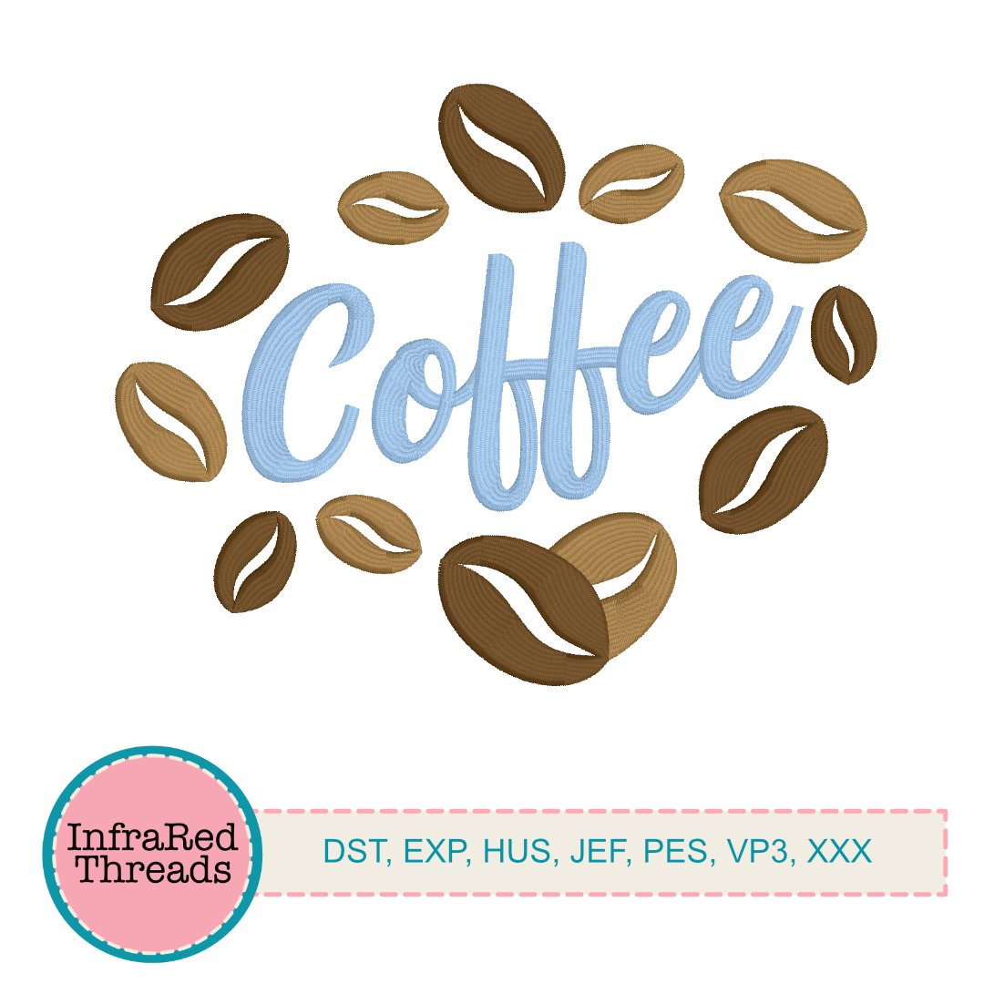 Coffee Word with Beans Embroidery Design