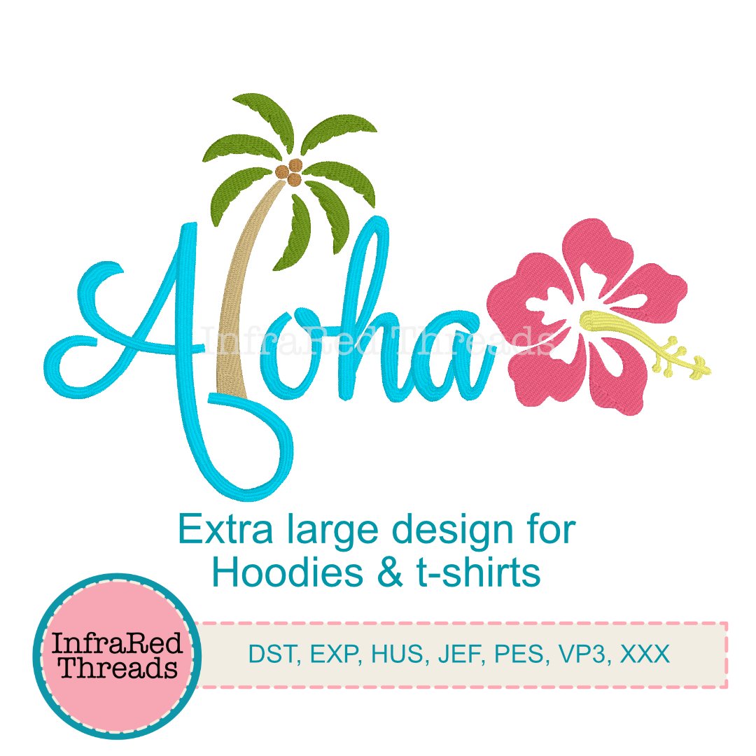 Aloha embroidery design with palm tree L and hibiscus flower in extra large tropical style