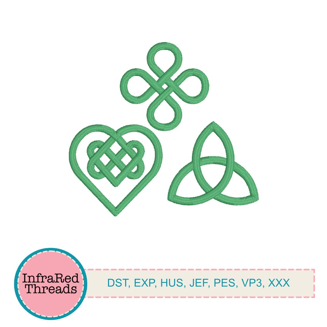 Celtic clover, heart, and triquetra embroidery designs in small sizes