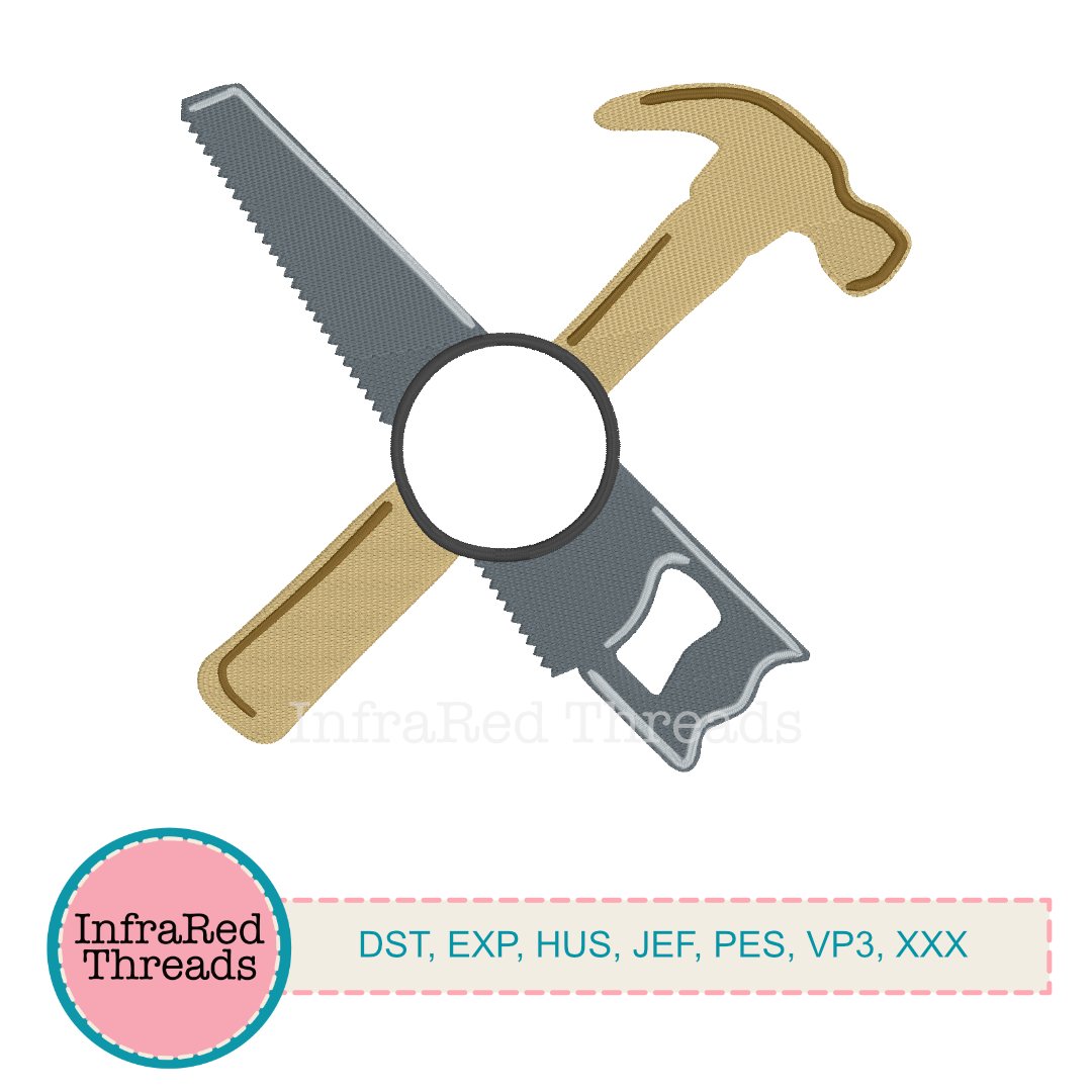 Crossed saw and hammer embroidery design with round center frame for monogram