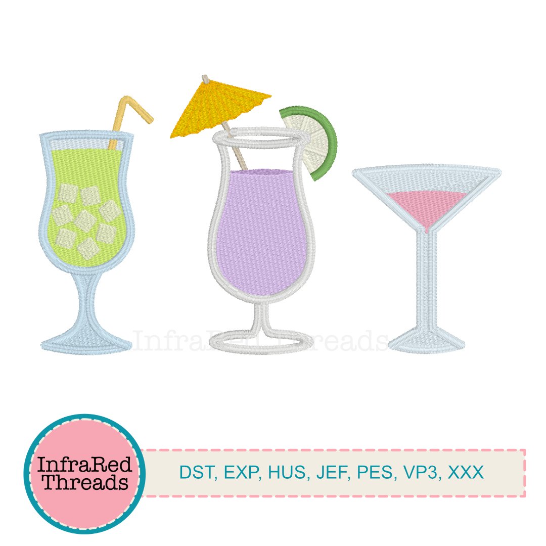 Set of 3 cocktail embroidery designs in different styles and sizes