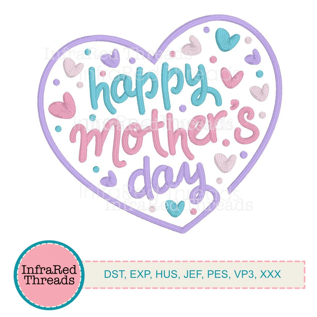 Happy Mother’s Day Heart Embroidery Design – Pastel Lettering with Hearts in 5x4.43