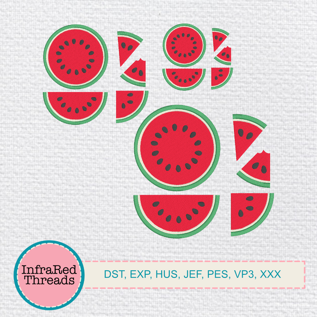 Watermelon embroidery designs in slices, bites, quarters, and full rounds with red interiors and green rinds