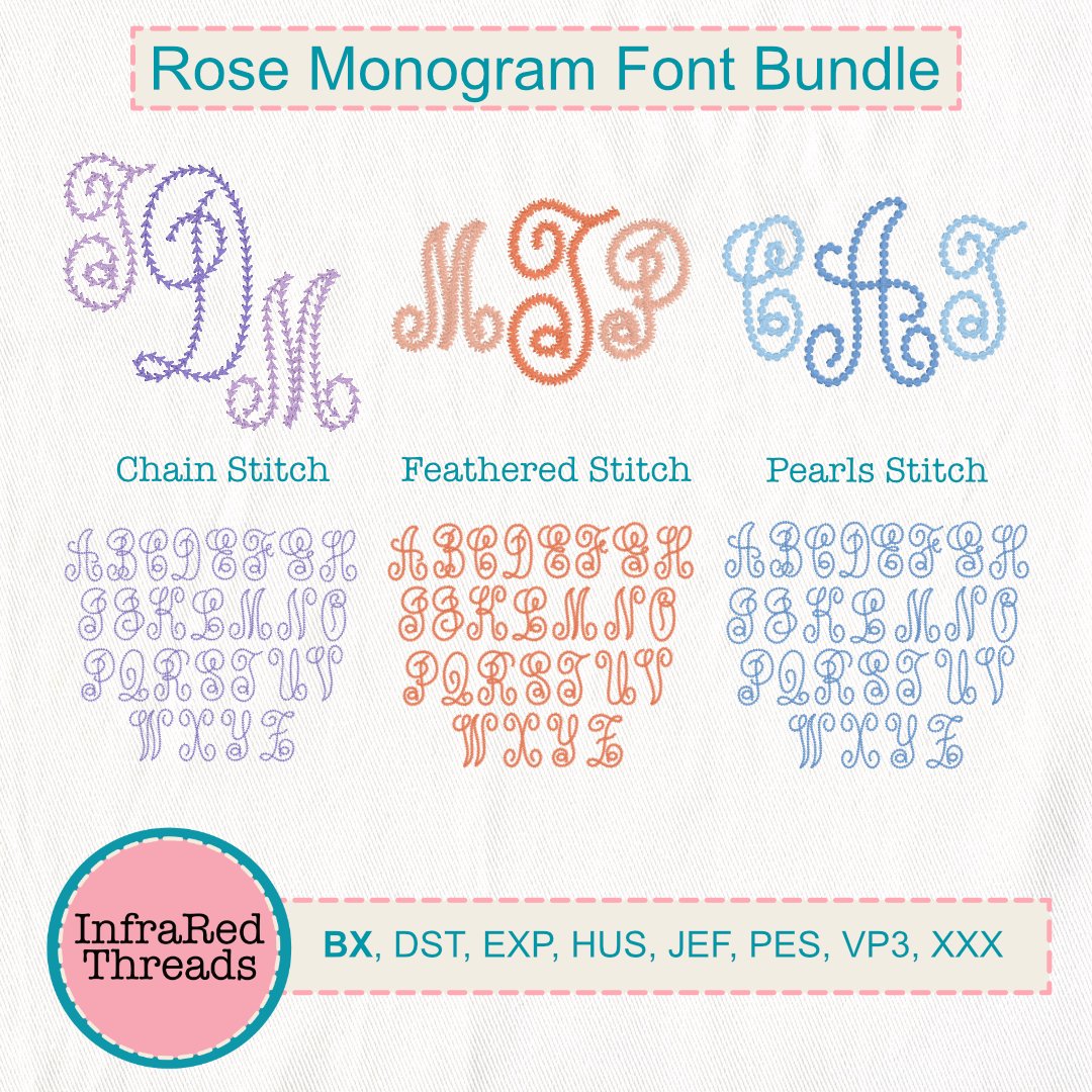 Rose Monogram embroidery font in bean, feathered, and pearl stitch styles with elegant scroll lettering